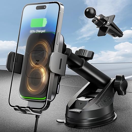 ZEEHOO Wireless Car Charger, DUOXX Dual Coils 15W Fast Charging Auto-Clamping Car Mount, Fit for iPhone 15 14 13 12, Pro Max Mini