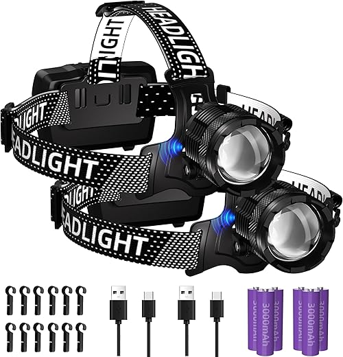 Zmoon 100,000LM Rechargeable LED Headlamp 40H Long Battery Life, Super Bright Sensor Head Lamp with 3 Lighting Modes, Zoomable, Power Display, IP67 Waterproof for Camping Hunting Hiking 2PCS