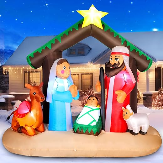 6FT Christmas Inflatable Nativity Scene with Baby Jesus, Parents, Donkey, Sheep, Star, Blow Up Manger Set Indoor & Outdoor Decorations, Built-in LED Lights for Garden, Lawn, Yard, Christmas Parties