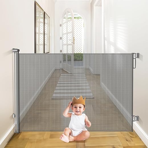 Babepai Retractable Baby Gates Extra Wide | 55" Wide x 38" Tall Dog Gates for Stairs | Indoor/Outdoor Use | Child Gates for Doorways, Deck, Porch, Hallways, Patio - Gray