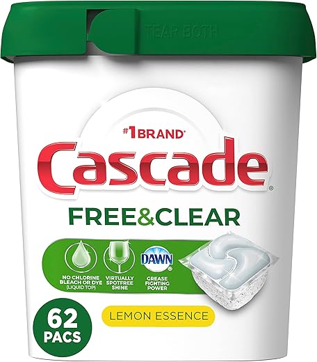 Cascade Free & Clear ActionPacs, Dishwasher Detergent, Lemon Essence, Dishwasher Soap, Dishwasher Pods, 62 Count