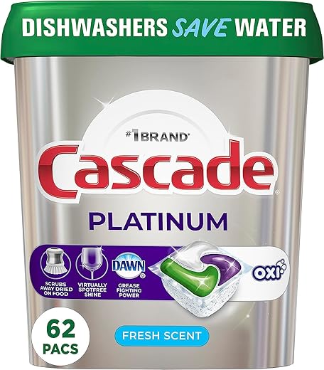 Cascade Platinum Dishwasher Soap Pods, Actionpacs + Oxi, Fresh, 62 Count of Dishwasher Detergent Pods