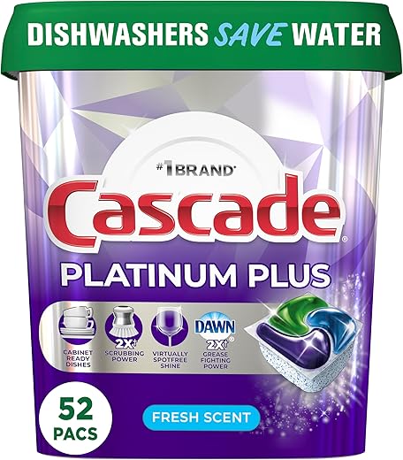 Cascade Platinum Plus Dishwasher Pod, Dish Detergent ActionPacs, Dishwasher Detergent, Fresh, 52 Count