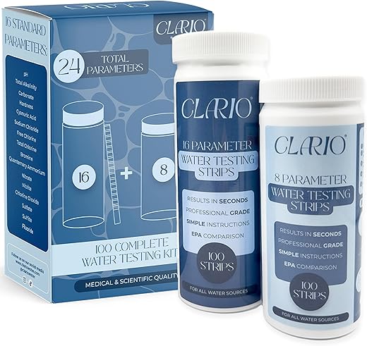 Clario - 24 in 1 Water Testing Kits for Drinking Water - Complete Test for Tap, Aquarium, Well, Pool, and Hot Tub - Home Water Test Kit - Detects Lead, Chlorine, pH, Hardness and More - 100 Strips