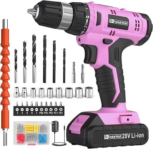 Cordless Drill Set, 20V Electric Power Drill with Battery And Charger, Torque 30N, 21+1 Torque Setting, 3/8-Inch Keyless Chuck, Drill Driver Bits Kit, with LED Electric Drill Set. （Pink)