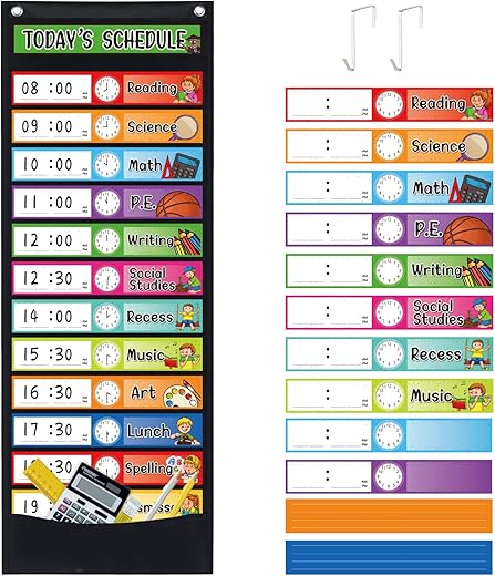 Daily Schedule Pocket Chart Kit,40 Bright Attractive Double-Sided Reusable Erasable Cards,1 Title Card,13+1 Scheduling Pocket Chart with 2 Hangers for Classroom Office Home Preschool Learning (Black)