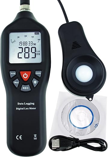 Digital Light Meter Lux Meter Measurement Range Detachable Sensor 0 to 200,000 Lux Min/Max/Avg Functions (with Data Record Function) + CD Software w/USB Power Cable