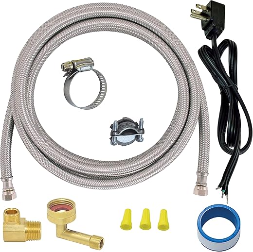 Eastman Dishwasher Installation Kit, 6 Foot Supply Line, 3/8 Inch x 3/8 Inch Compression, 6 Foot 3-Prong Angled Power Cord, Braided Stainless Steel Dishwasher Connectors, 48337N