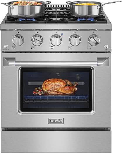 Empava Gas Range, Convection Oven 4.2 Cu. Ft with 4 Deep Recessed Burners Cooktop, Heavy Duty Continuous Grates in Stainless Steel for Kitchen, Restaurant. Freestanding & Slide-in,30 Inch