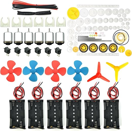 EUDAX 6 set Rectangular Mini Electric 1.5-3V 24000RPM DC Motor with 84 Pcs Plastic Gears,Electronic wire, 2 x AA Battery Holder ,Boat Rocker Switch,Shaft Propeller for DIY Science Projects