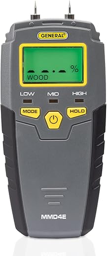 General Tools MMD4E Digital Moisture Meter, Water Leak Detector, Moisture Tester, Pin Type, Backlit LCD Display With Audible and Visual High-Medium-Low Moisture Content Alerts, Grays