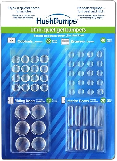 HushBumps Ultra-Quiet Gel Bumpers. 104 Piece Value Pack. Contains Cabinet, Door, Sliding Door & Drawer Bumpers. Just Peel & Stick!