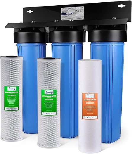 iSpring Whole House Water Filter System, Highly Reduces Sediment, Taste, Odor, and up to 99% Chlorine, 3-Stage w/ 20-Inch Sediment and Carbon Block Filters, Model: WGB32B, 1" Inlet/Outlet