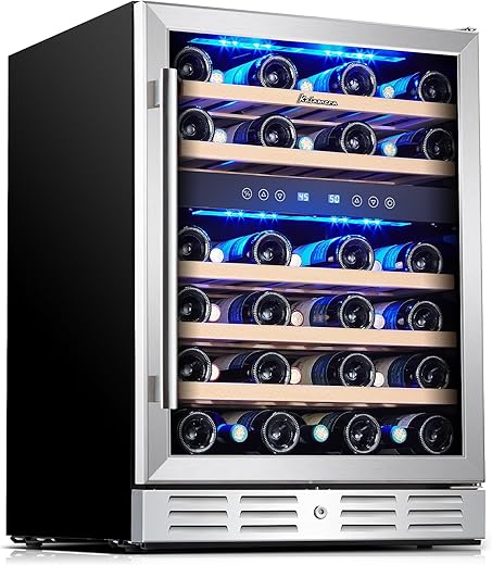 Kalamera 24 inch Wine Cooler, 46 Bottle - Dual Zone Built-in or Freestanding Fridge with Stainless Steel Reversible Glass Door, for Home, Kitchen, or Office.