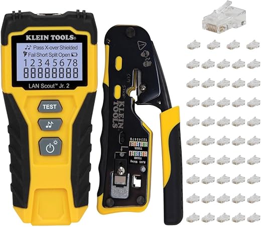 Klein Tools 80072 RJ45 Cable Tester Kit with LAN Scout Jr. 2, Coax Crimper / Stripper / Cutter Tool and 50-Pack Pass-Thru Modular Data Plugs