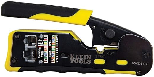 Klein Tools VDV226-110 Ratcheting Modular Data Cable Crimper / Wire Stripper / Wire Cutter for RJ11/RJ12 Standard, RJ45 Pass-Thru Connectors