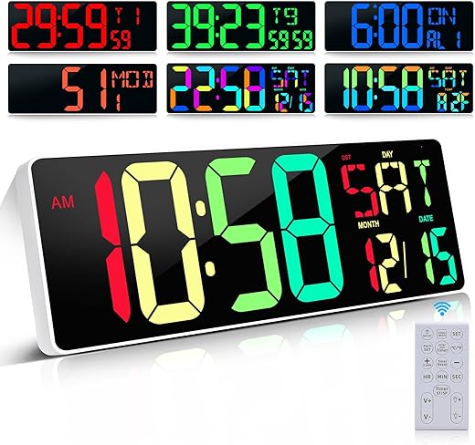 Large Digital Wall Clock Large Display 17.2" Large Digital Timer with 9 Groups Timer Remote Control for Gym Classroom 10 Colors Available for LED Wall Clock with Temperature Date Week DST Dynamic RGB