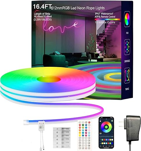 Neon Rope Lights, 16.4FT RGB LED Strip Lights, App Control, IR Remote, Outdoor IP67 Waterproof, Music Syncing, Flexible DIY Design for Bedroom, Gaming, Party, Christmas Decor