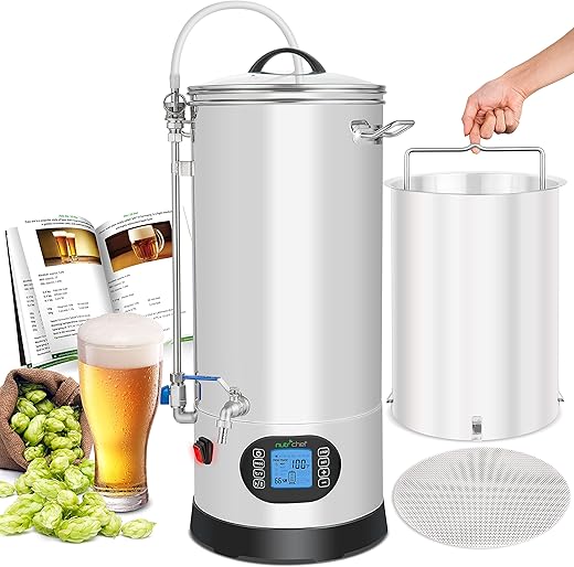 Nutrichef All In One Home Beer Brewing Mash and Boil Device with Circulation Pump 5-Piece Stainless Steel Set 9 Gallon 1600w Max w/LCD Display Programmable Multi-Step Mashing Control System