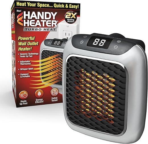 Ontel Handy Heater Turbo Heat 800W Wall Outlet Small Space Heater with Adjustable Thermostat, Programmable 12-Hour Timer, Auto Shut Off - Quiet & Space-Saving Ceramic Mini Heater (Packaging May Vary)