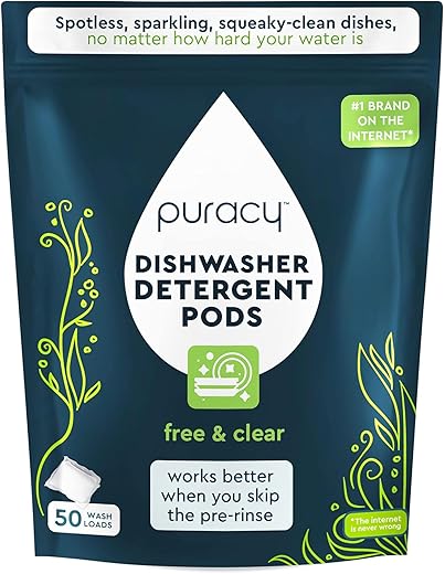 Puracy Dishwasher Pods, Natural Dishwasher Detergent, Free & Clear Dish tabs - Enzyme-Powered, Spot & Residue Free - TikTok Trend Items, Must Haves from TikTok Made Me Buy It (Free & Clear, 50 Count)