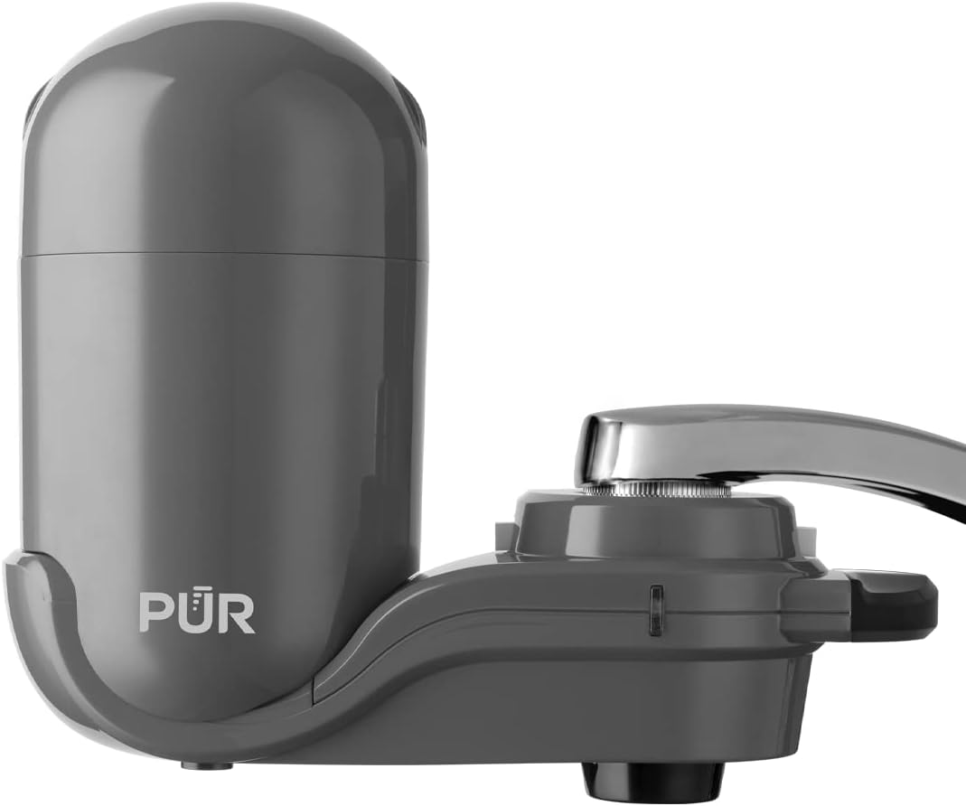 PUR PLUS Vertical Faucet Mount Water Filtration System with 3-in-1 Lead Reducing Filter for Great-Tasting Filtered Tap Water, Lasts 100 Gallons, Fits Most Kitchen or Bathroom Faucets, Grey