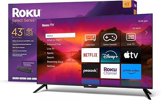 Roku Smart TV – 43-Inch Select Series 4K HDR RokuTV with Roku Enhanced Voice Remote, Brilliant 4K Picture, Automatic Brightness, & Seamless Streaming – Live Local News, Sports, Family Entertainment