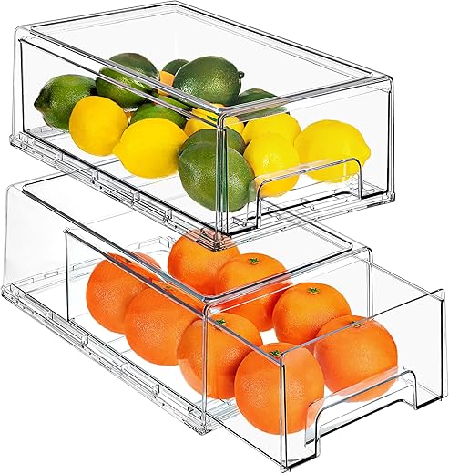 Sorbus Clear Stackable Fridge Drawer Bins - Pull Out Refrigerator Organizer Containers for Kitchen Storage (2 Pack | Medium)