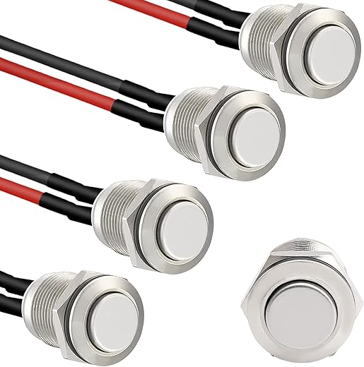 STARELO 5pcs 12mm Momentary Push Button Switch Silver Shell with pre-Wiring, IP65 Waterproof Push Button Switch,Stainless Steel 1 Normally Open Without LED.