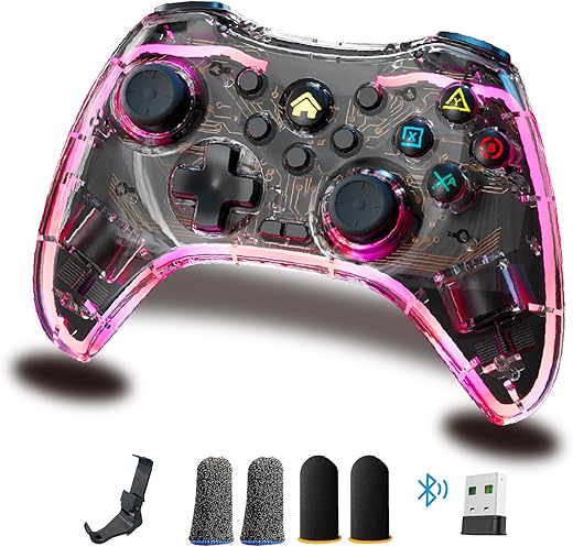 turbX 7-in-1 Wireless Game Controller Set for Nintendo Switch/iPhone/Android/PS4/Steam, Bluetooth Mobile Gamepad W. Finger Sleeves+Phone Grip+ PC Adapter, LED Light & Vibration