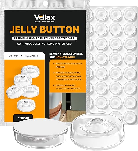 Vellax Self Adhesive Cabinet Door Bumpers - 128 pcs Sticky Silicone Clear Sound Dampening Rubber Bumpers - Cabinet Bumpers for Wall Protection, Kitchen Furniture, Decor, Drawer Stops