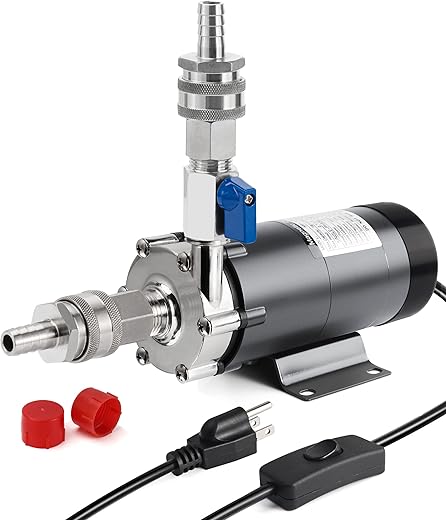 Wort Pump High Temp Brewing Pump Food Grade Pump Stainless Steel Head brew Pump Homebrew pump Magnetic Drive Pump Wort Transfer Pump with Inline Switch Mini Valve Quick Disconnects(gray)