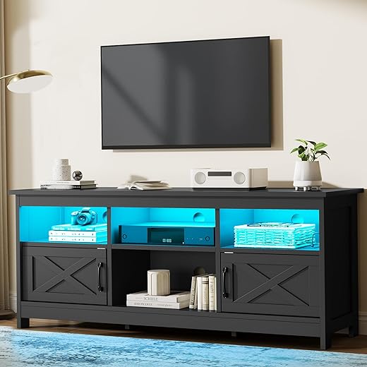 YITAHOME Farmhouse TV Stand with Power Outlet, LED Light Entertainment Center for 65 Inch TVs, TV Cabinet with Storage, Rustic Media Console for Living Room, 59" Black