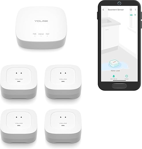 YoLink Smart Home Starter Kit: Hub & Water Leak Sensor 4 with 105dB Audio Alarm 4-Pack, SMS/Text, Email & Push Notifications, Freeze Warning, LoRa Up to 1/4 Mile Open-Air Range, w/Alexa, IFTTT