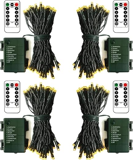 ZAIYW Battery Operated String Lights 4 Pack 16.5Ft 50LED String Lights with Remote Control 8 Modes Timer Christmas Lights Green Wire for Outdoor Garden Party Garlands Xmas Tree Decor (Warm White)